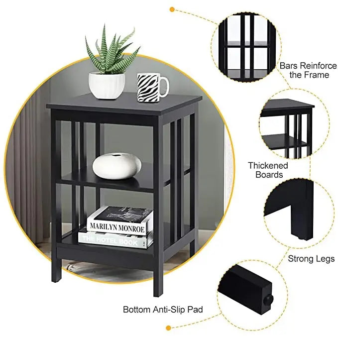 Set of 2 Multifunctional 3-Tier Nightstand Sofa Side Table with Reinforced Bars and Stable Structure-Black - Black