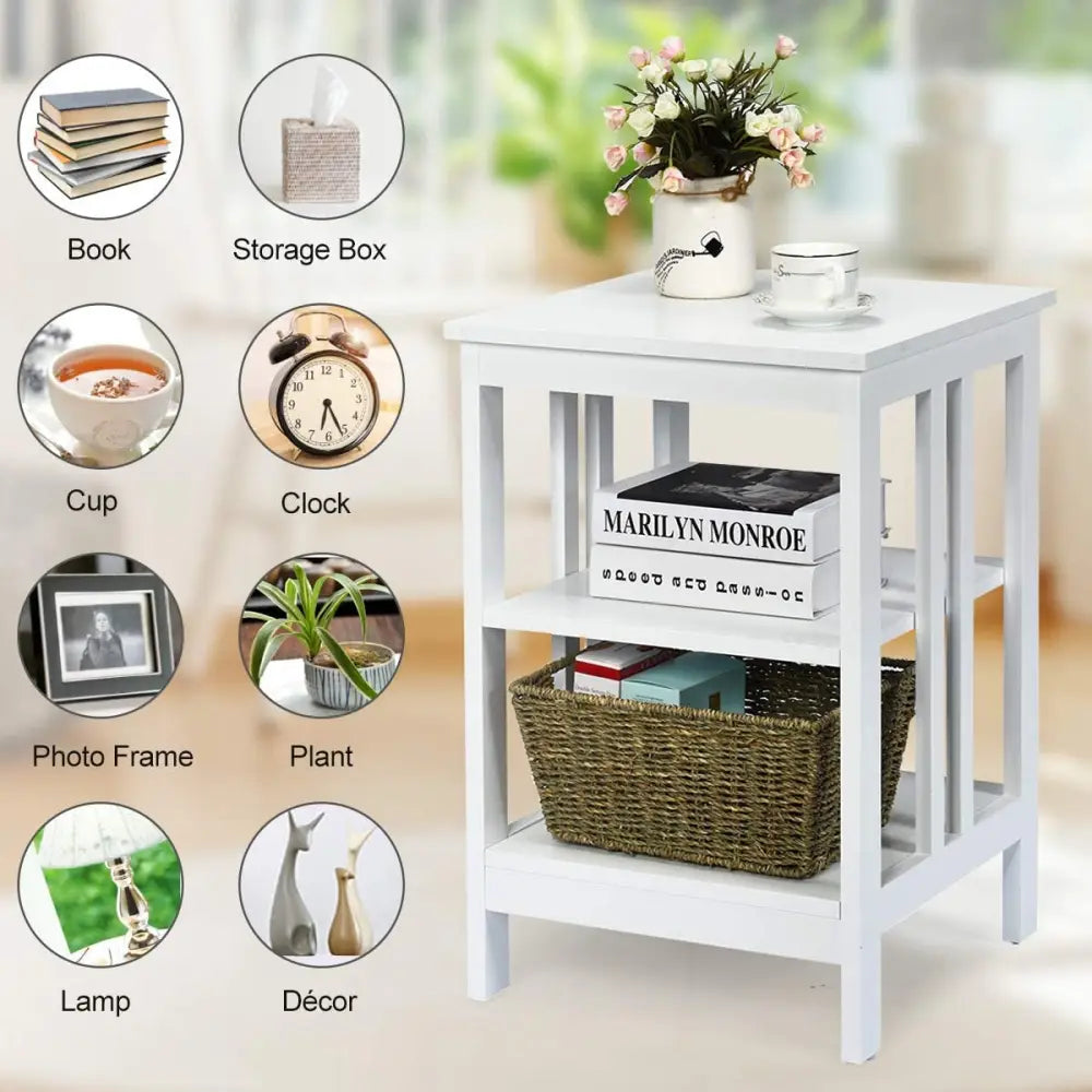 Set of 2 Multifunctional 3-Tier Nightstand Sofa Side Table with Reinforced Bars and Stable Structure-White - White