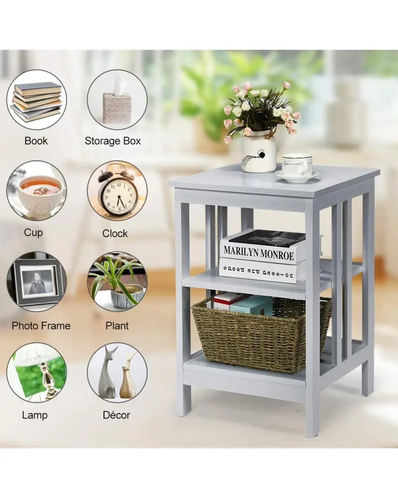 Set of 2 Multifunctional 3-Tier Nightstand Sofa Side Table with Reinforced Bars and Stable Structure-Gray - Gray - End