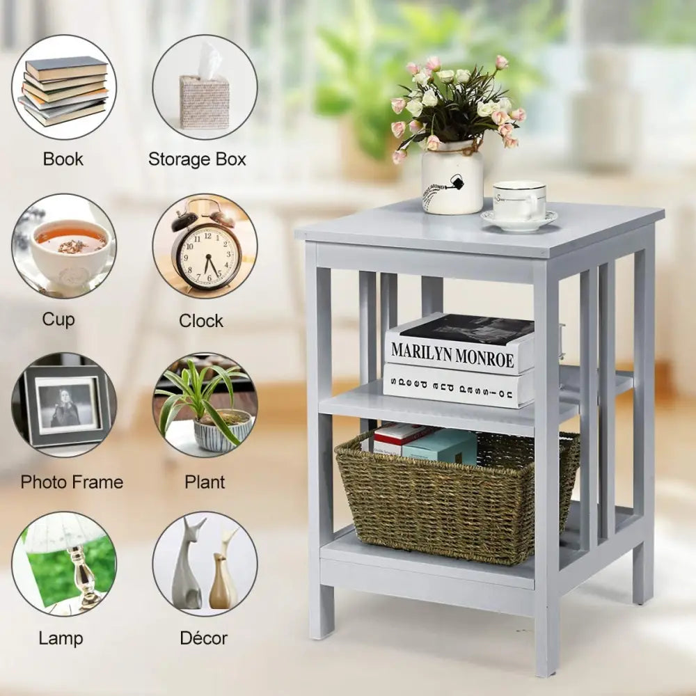 Set of 2 Multifunctional 3-Tier Nightstand Sofa Side Table with Reinforced Bars and Stable Structure-Gray - Gray - End