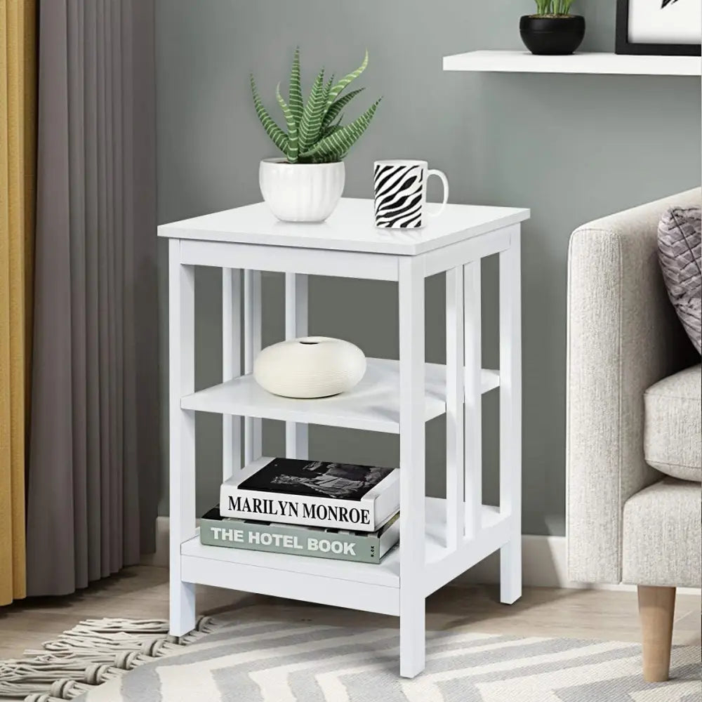 Set of 2 Multifunctional 3-Tier Nightstand Sofa Side Table with Reinforced Bars and Stable Structure-White - White