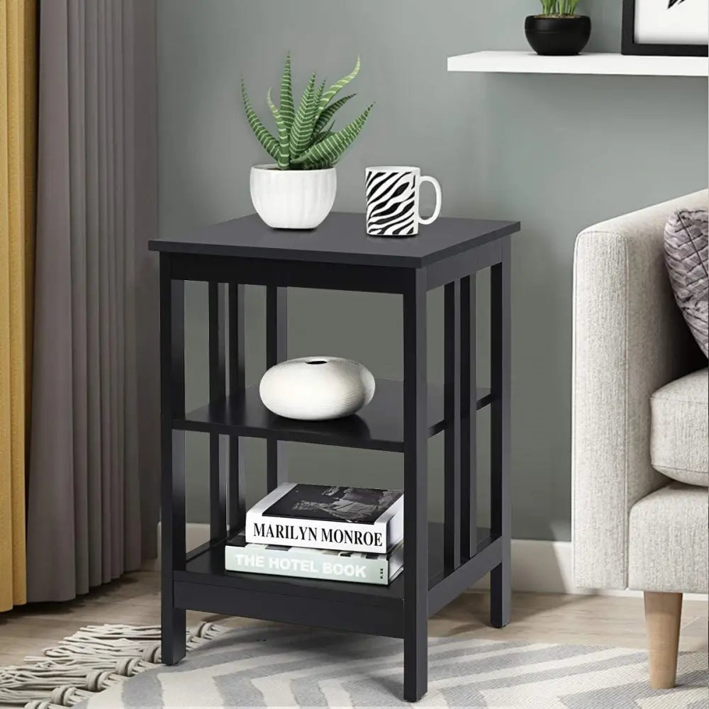 Set of 2 Multifunctional 3-Tier Nightstand Sofa Side Table with Reinforced Bars and Stable Structure-Black - Black