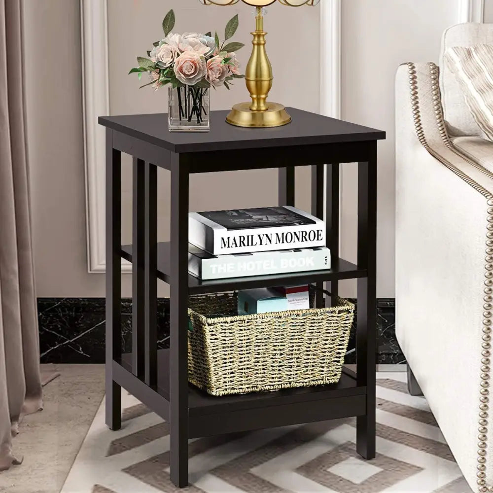 Set of 2 Multifunctional 3-Tier Nightstand Sofa Side Table with Reinforced Bars and Stable Structure-Dark Brown - Dark