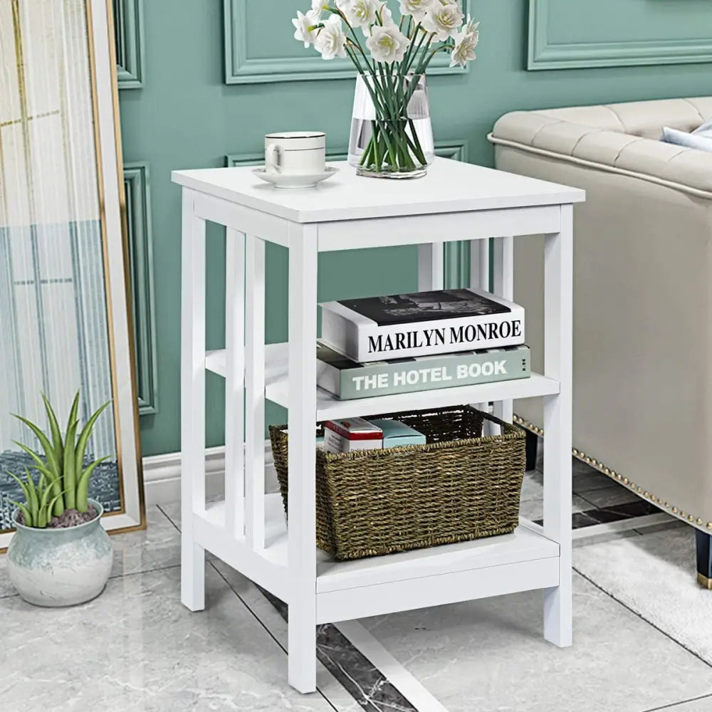 Set of 2 Multifunctional 3-Tier Nightstand Sofa Side Table with Reinforced Bars and Stable Structure-White - White