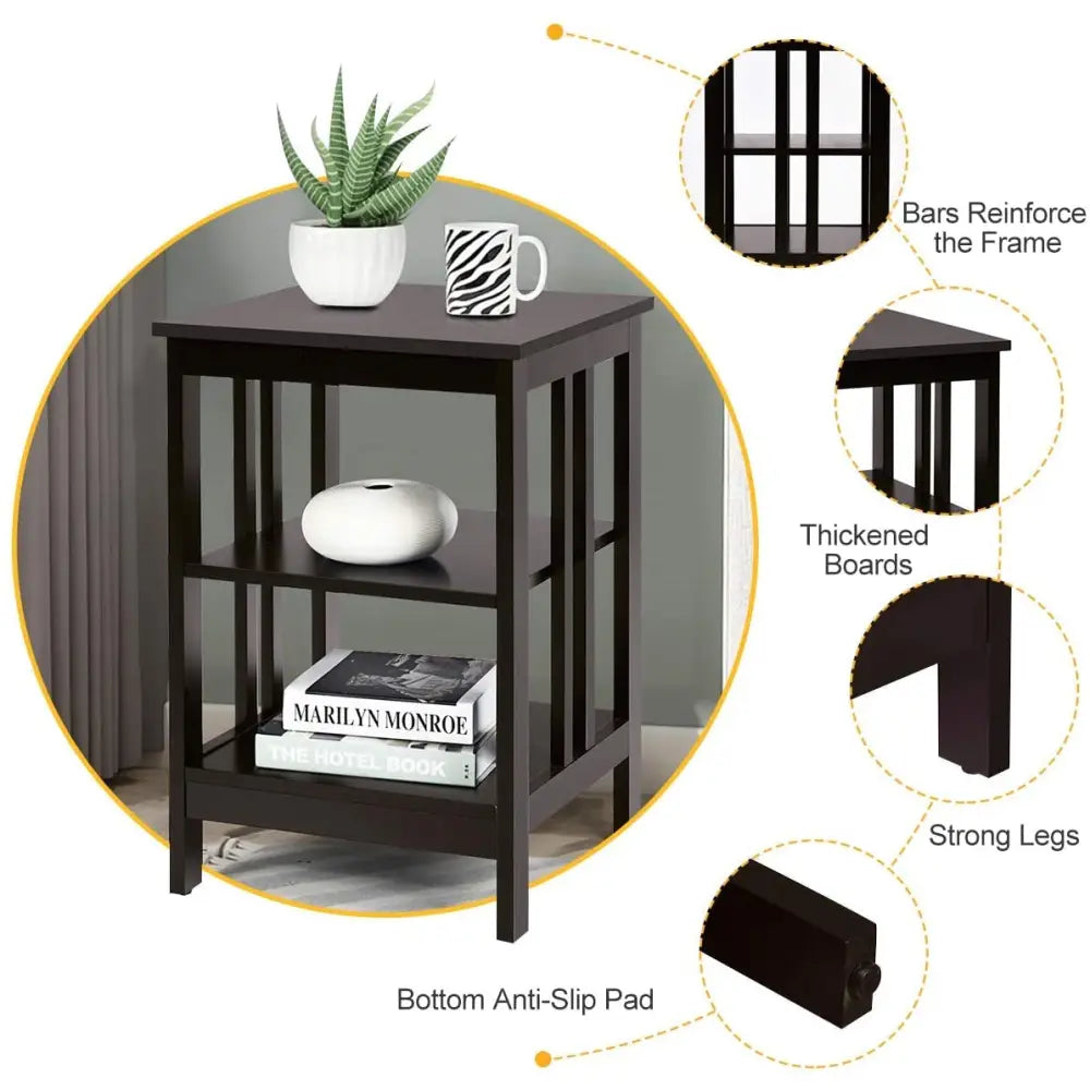 Set of 2 Multifunctional 3-Tier Nightstand Sofa Side Table with Reinforced Bars and Stable Structure-Dark Brown - Dark