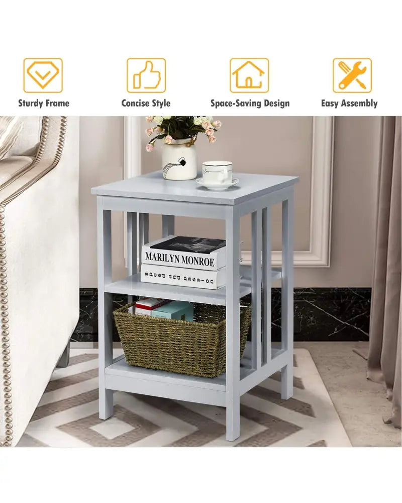 Set of 2 Multifunctional 3-Tier Nightstand Sofa Side Table with Reinforced Bars and Stable Structure-Gray - Gray - End