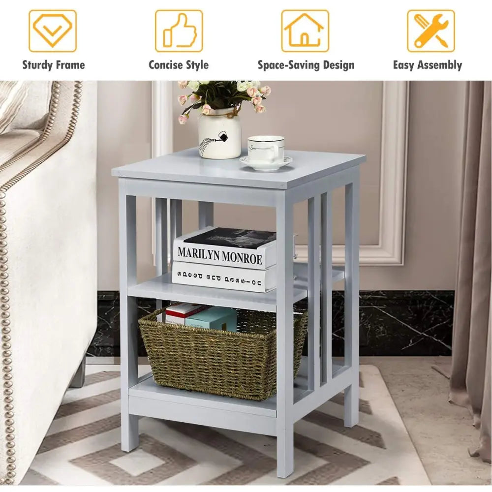 Set of 2 Multifunctional 3-Tier Nightstand Sofa Side Table with Reinforced Bars and Stable Structure-Gray - Gray - End