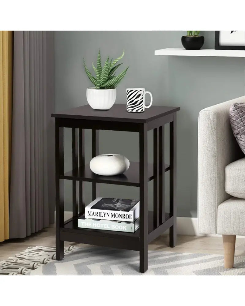 Set of 2 Multifunctional 3-Tier Nightstand Sofa Side Table with Reinforced Bars and Stable Structure-Dark Brown - Dark