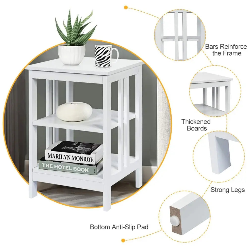 Set of 2 Multifunctional 3-Tier Nightstand Sofa Side Table with Reinforced Bars and Stable Structure-White - White