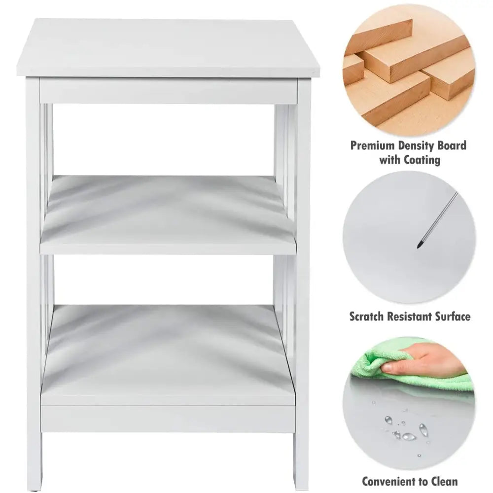 Set of 2 Multifunctional 3-Tier Nightstand Sofa Side Table with Reinforced Bars and Stable Structure-White - White