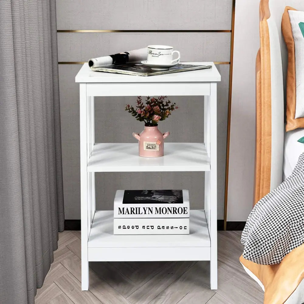Set of 2 Multifunctional 3-Tier Nightstand Sofa Side Table with Reinforced Bars and Stable Structure-White - White