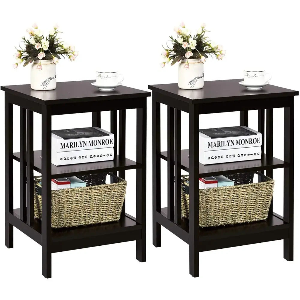 Set of 2 Multifunctional 3-Tier Nightstand Sofa Side Table with Reinforced Bars and Stable Structure-Dark Brown - Dark