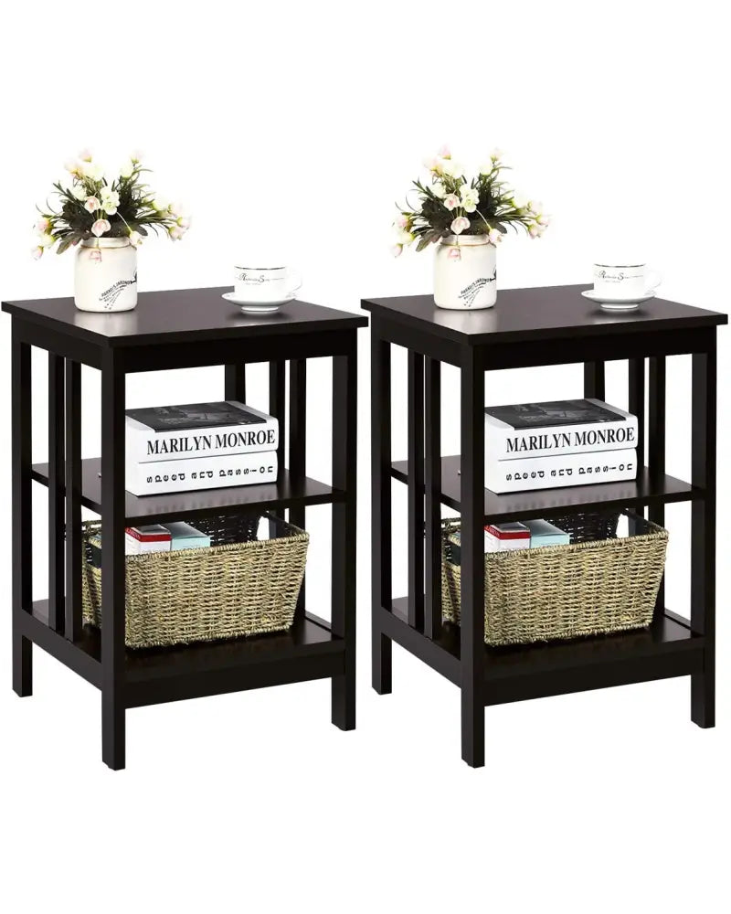 Set of 2 Multifunctional 3-Tier Nightstand Sofa Side Table with Reinforced Bars and Stable Structure-Dark Brown - Dark
