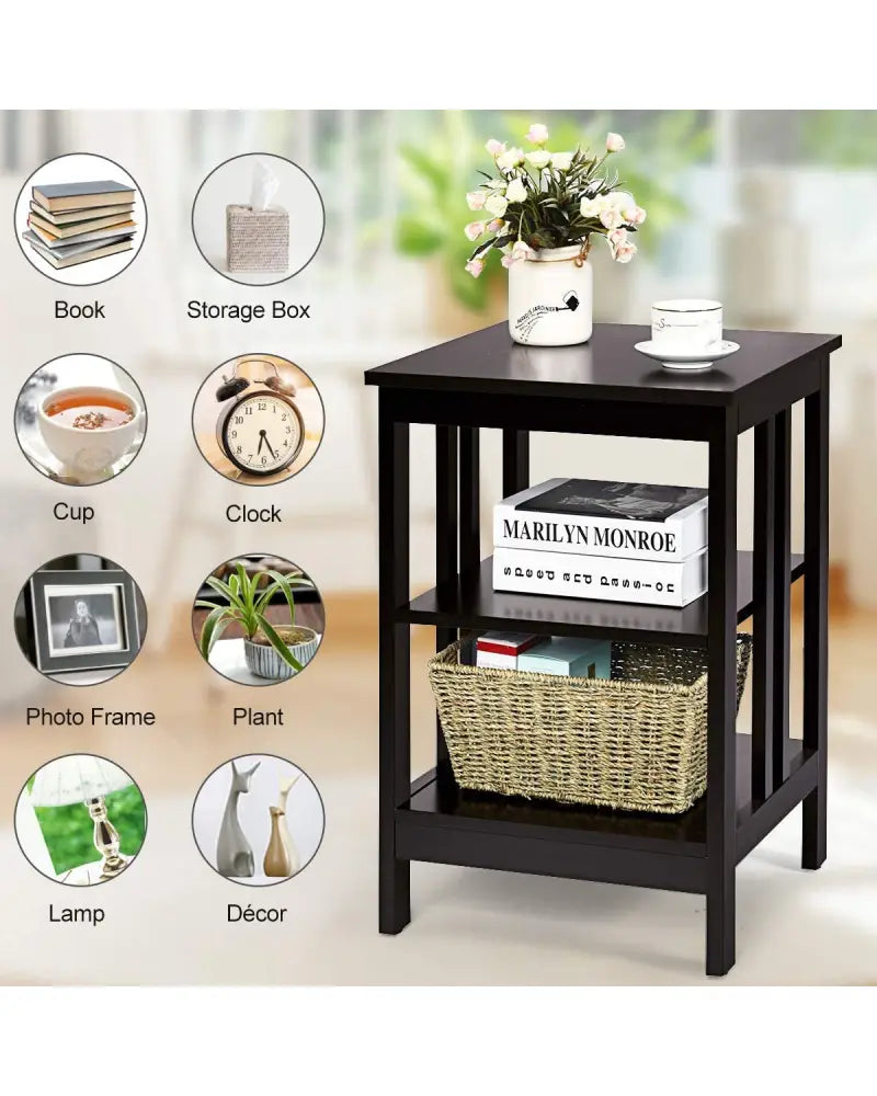 Set of 2 Multifunctional 3-Tier Nightstand Sofa Side Table with Reinforced Bars and Stable Structure-Dark Brown - Dark
