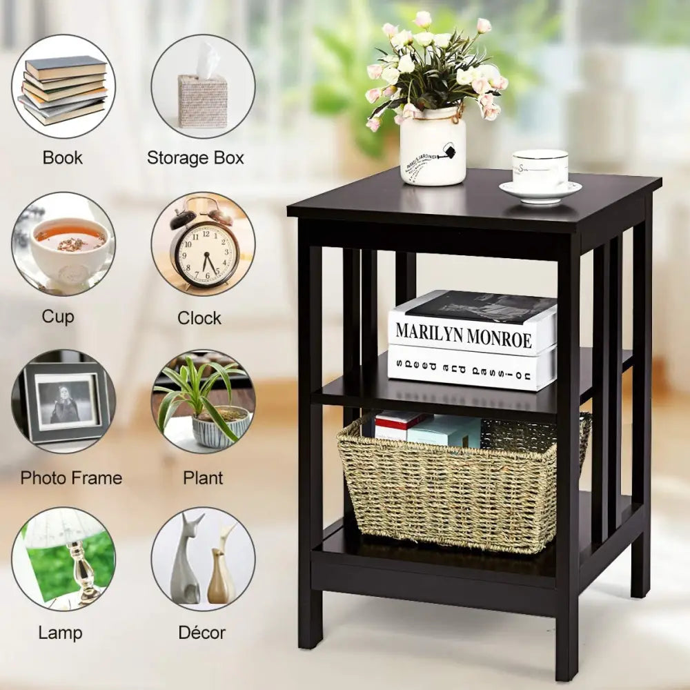 Set of 2 Multifunctional 3-Tier Nightstand Sofa Side Table with Reinforced Bars and Stable Structure-Dark Brown - Dark