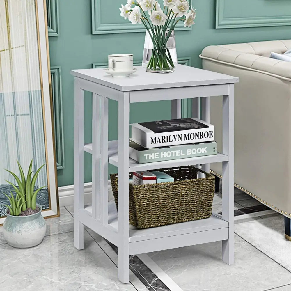 Set of 2 Multifunctional 3-Tier Nightstand Sofa Side Table with Reinforced Bars and Stable Structure-Gray - Gray - End