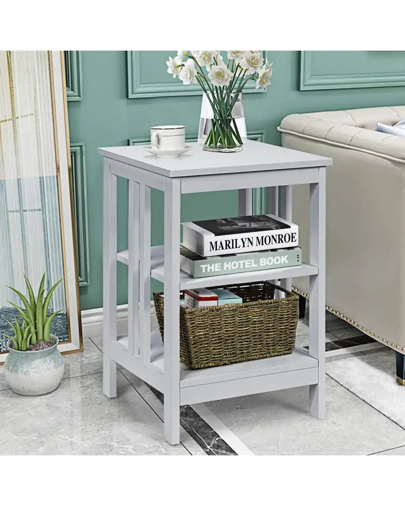 Set of 2 Multifunctional 3-Tier Nightstand Sofa Side Table with Reinforced Bars and Stable Structure-Gray - Gray - End