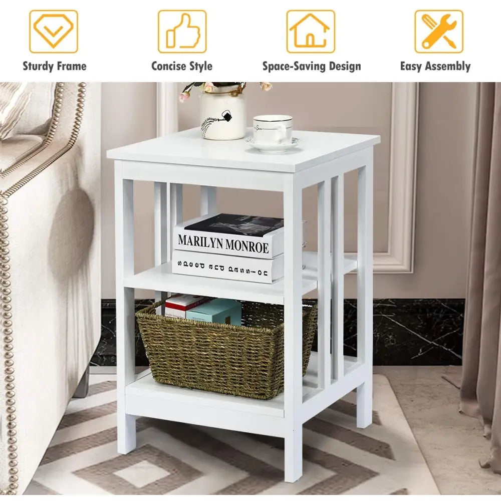 Set of 2 Multifunctional 3-Tier Nightstand Sofa Side Table with Reinforced Bars and Stable Structure-White - White
