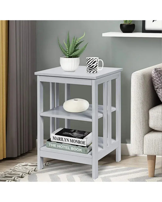 Set of 2 Multifunctional 3-Tier Nightstand Sofa Side Table with Reinforced Bars and Stable Structure-Gray - Gray - End