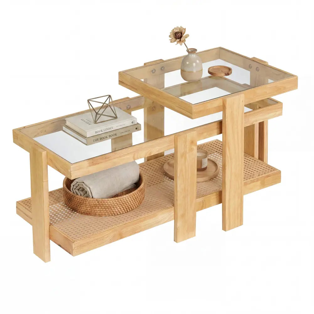 Set of 2 Nesting Coffee Table with Boho Rattan Accent Table-Natural - Natural - Coffee Tables