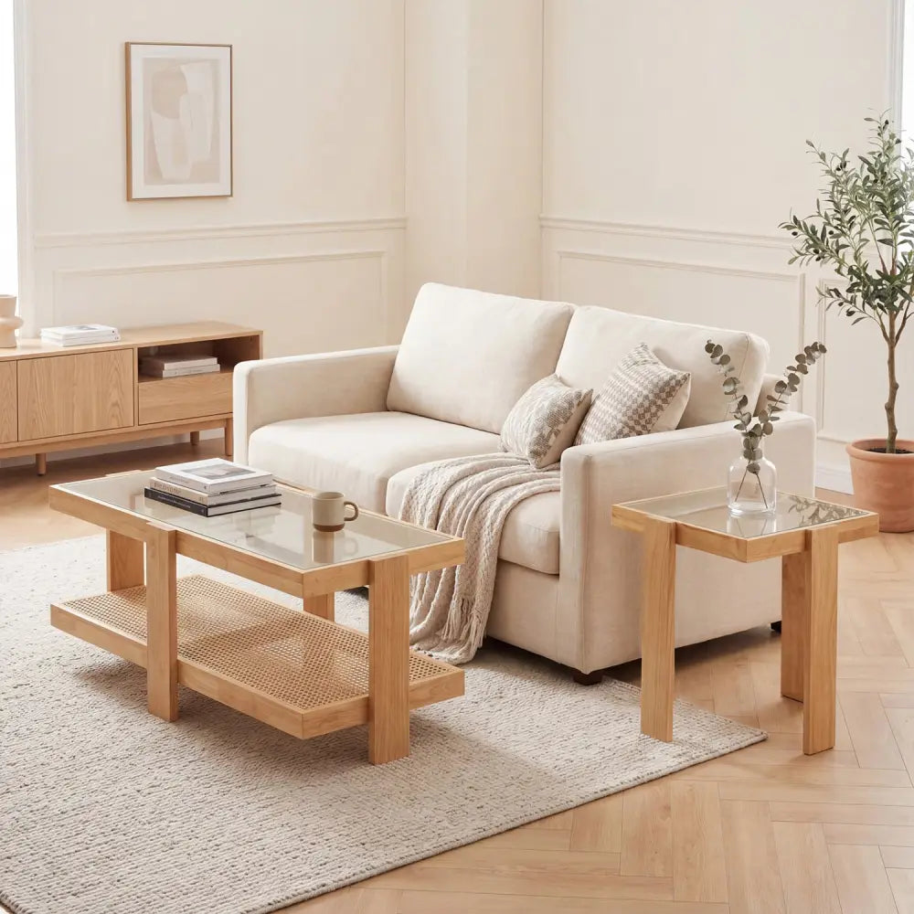 Set of 2 Nesting Coffee Table with Boho Rattan Accent Table-Natural - Natural - Coffee Tables