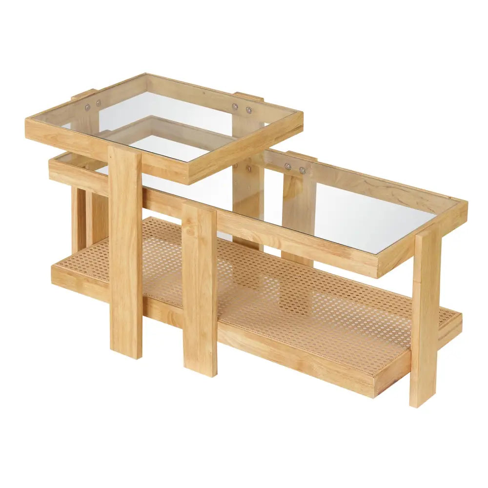 Set of 2 Nesting Coffee Table with Boho Rattan Accent Table-Natural - Natural - Coffee Tables