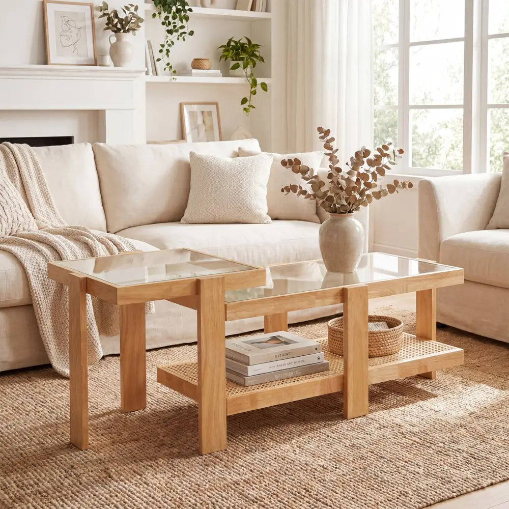Set of 2 Nesting Coffee Table with Boho Rattan Accent Table-Natural - Natural - Coffee Tables