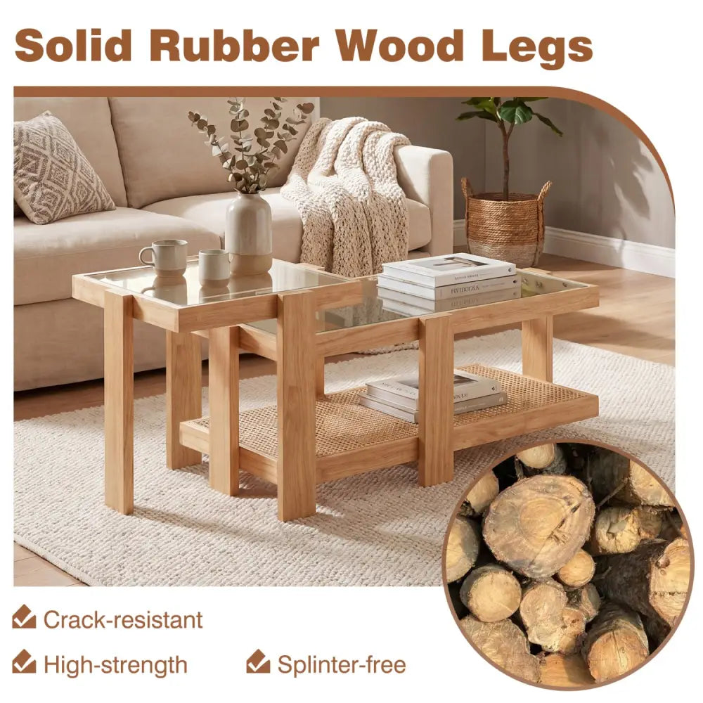 Set of 2 Nesting Coffee Table with Boho Rattan Accent Table-Natural - Natural - Coffee Tables