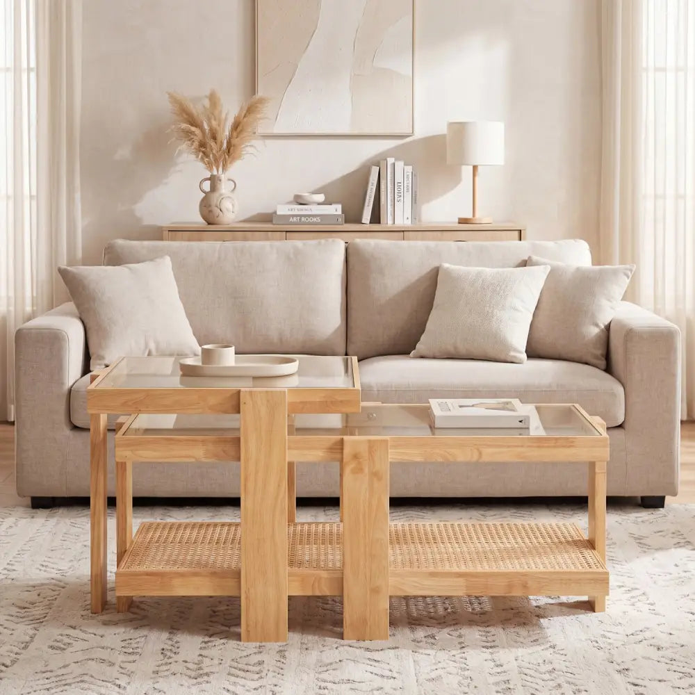 Set of 2 Nesting Coffee Table with Boho Rattan Accent Table-Natural - Natural - Coffee Tables