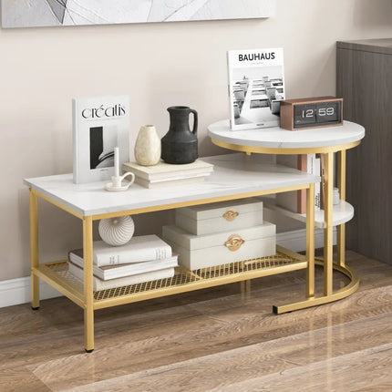 Set of 2 Nesting Coffee Table with Extra Storage Shelf for Living Room-Golden - Golden - Coffee Tables