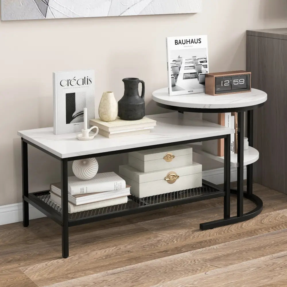 Set of 2 Nesting Coffee Table with Extra Storage Shelf for Living Room-Black - Black - Coffee Tables