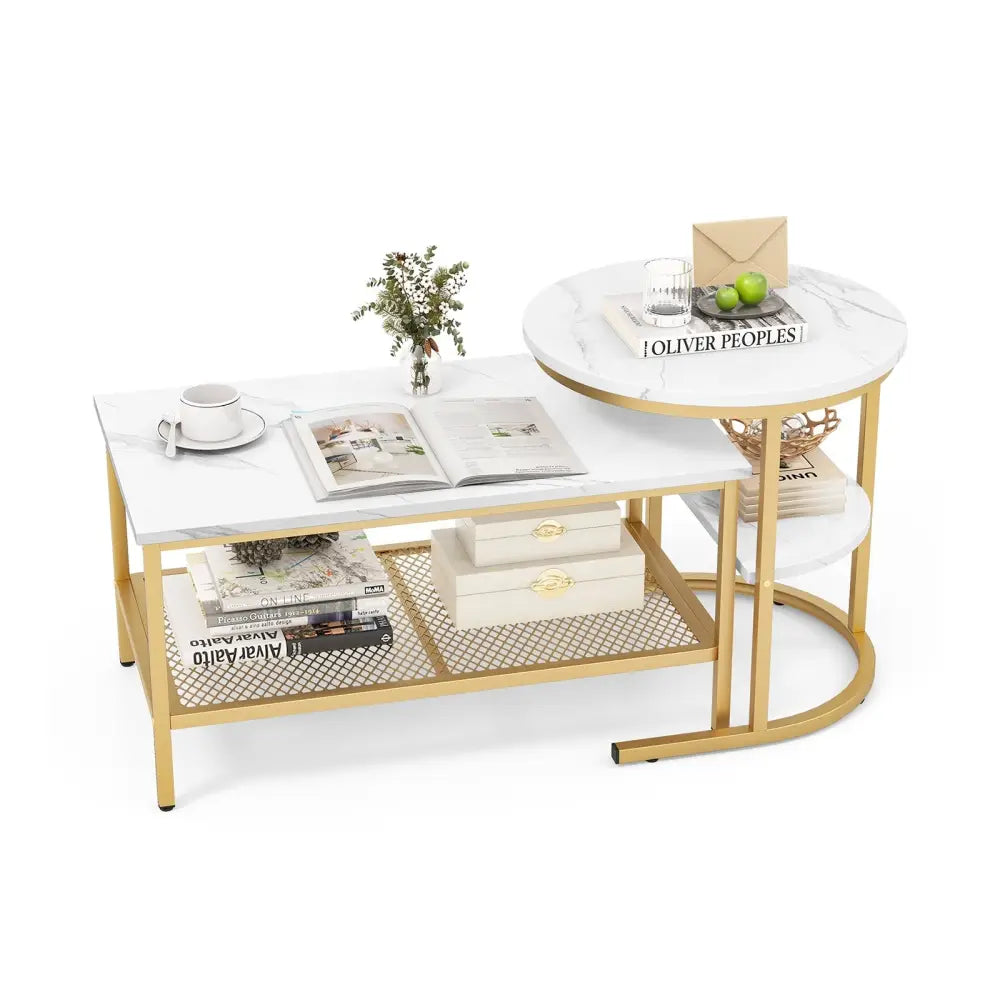 Set of 2 Nesting Coffee Table with Extra Storage Shelf for Living Room-Golden - Golden - Coffee Tables