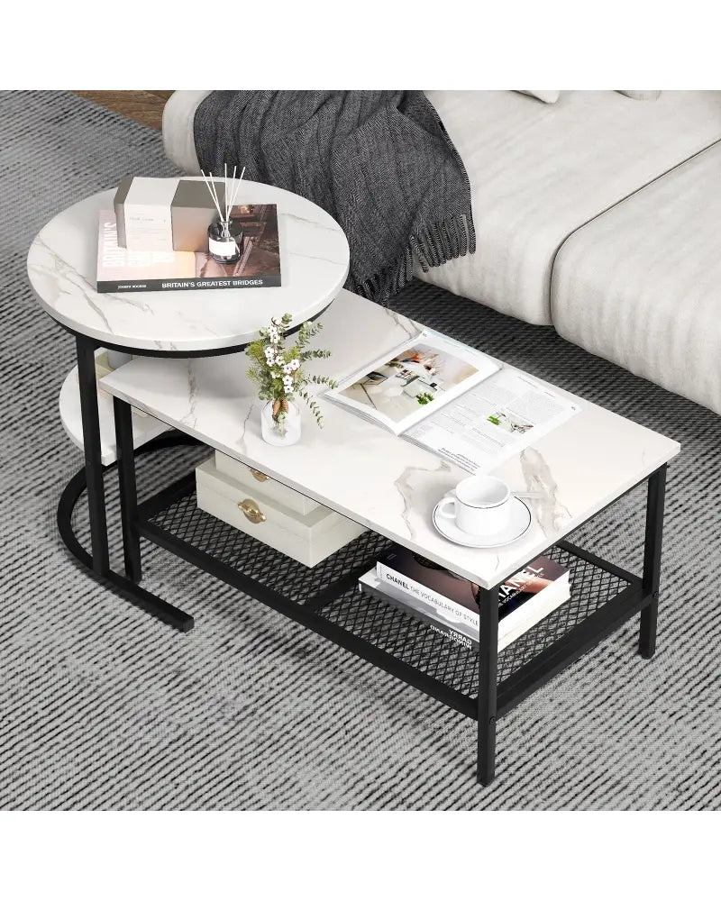 Set of 2 Nesting Coffee Table with Extra Storage Shelf for Living Room-Black - Black - Coffee Tables