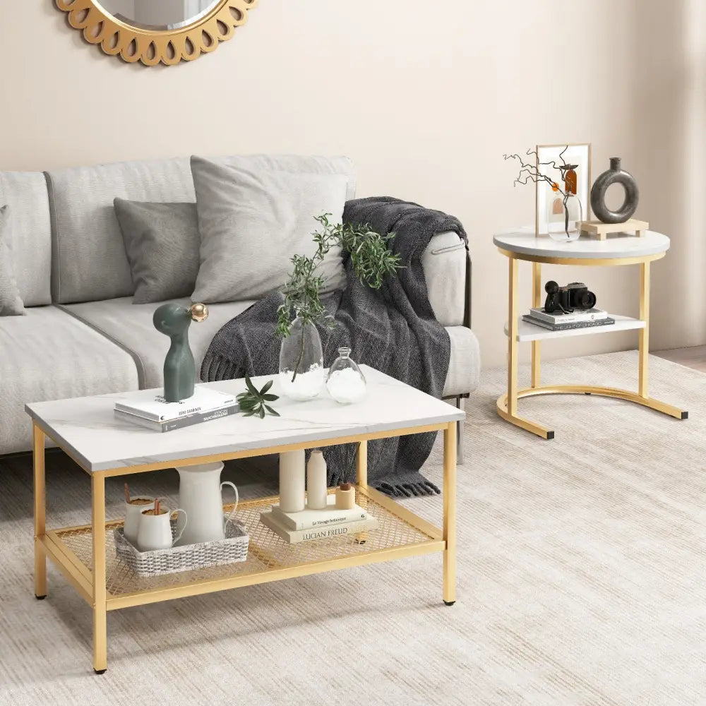 Set of 2 Nesting Coffee Table with Extra Storage Shelf for Living Room-Golden - Golden - Coffee Tables