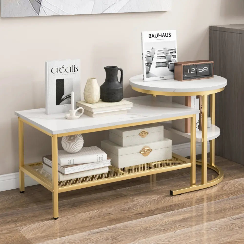 Set of 2 Nesting Coffee Table with Extra Storage Shelf for Living Room-Golden - Golden - Coffee Tables