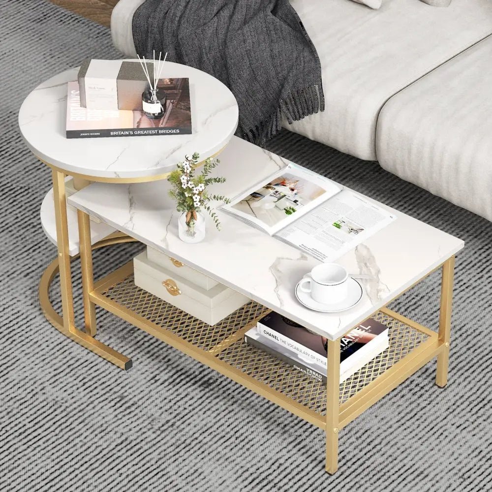 Set of 2 Nesting Coffee Table with Extra Storage Shelf for Living Room-Golden - Golden - Coffee Tables