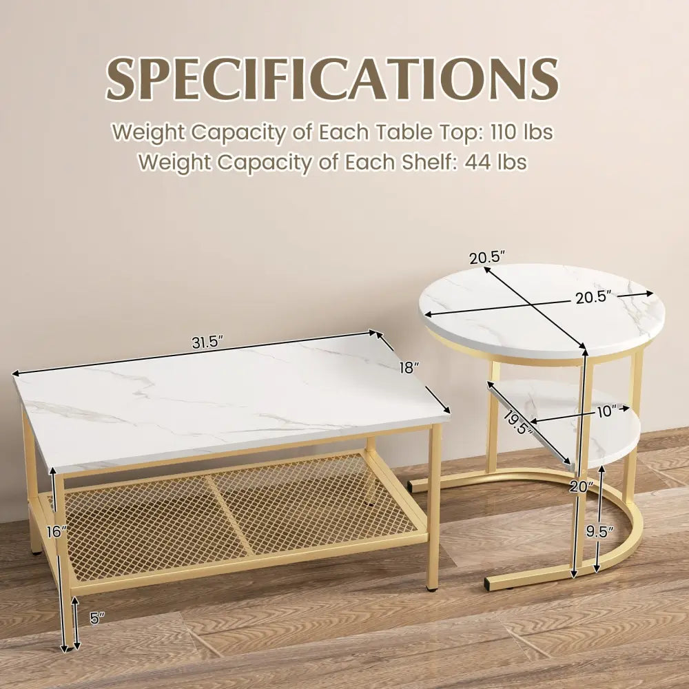 Set of 2 Nesting Coffee Table with Extra Storage Shelf for Living Room-Golden - Golden - Coffee Tables