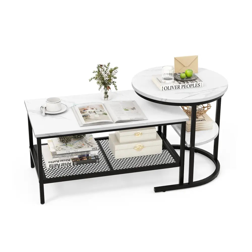 Set of 2 Nesting Coffee Table with Extra Storage Shelf for Living Room-Black - Black - Coffee Tables