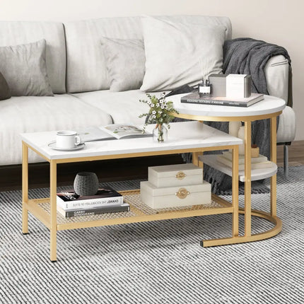 Set of 2 Nesting Coffee Table with Extra Storage Shelf for Living Room-Golden - Golden - Coffee Tables