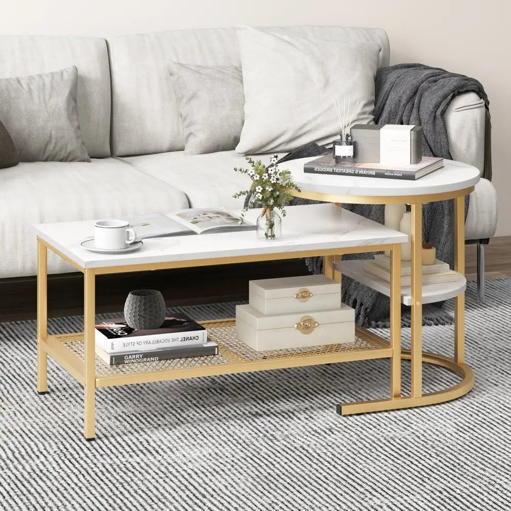 Set of 2 Nesting Coffee Table with Extra Storage Shelf for Living Room-Golden - Golden - Coffee Tables