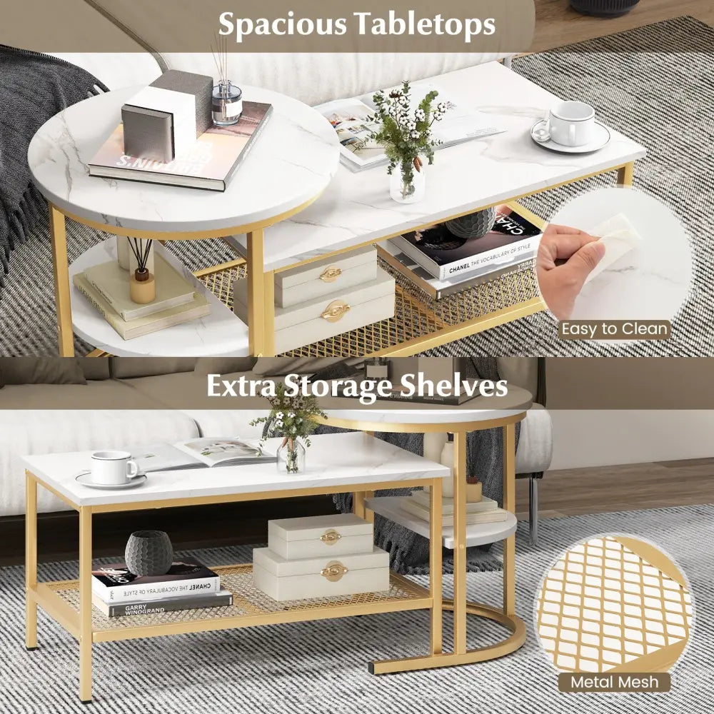 Set of 2 Nesting Coffee Table with Extra Storage Shelf for Living Room-Golden - Golden - Coffee Tables