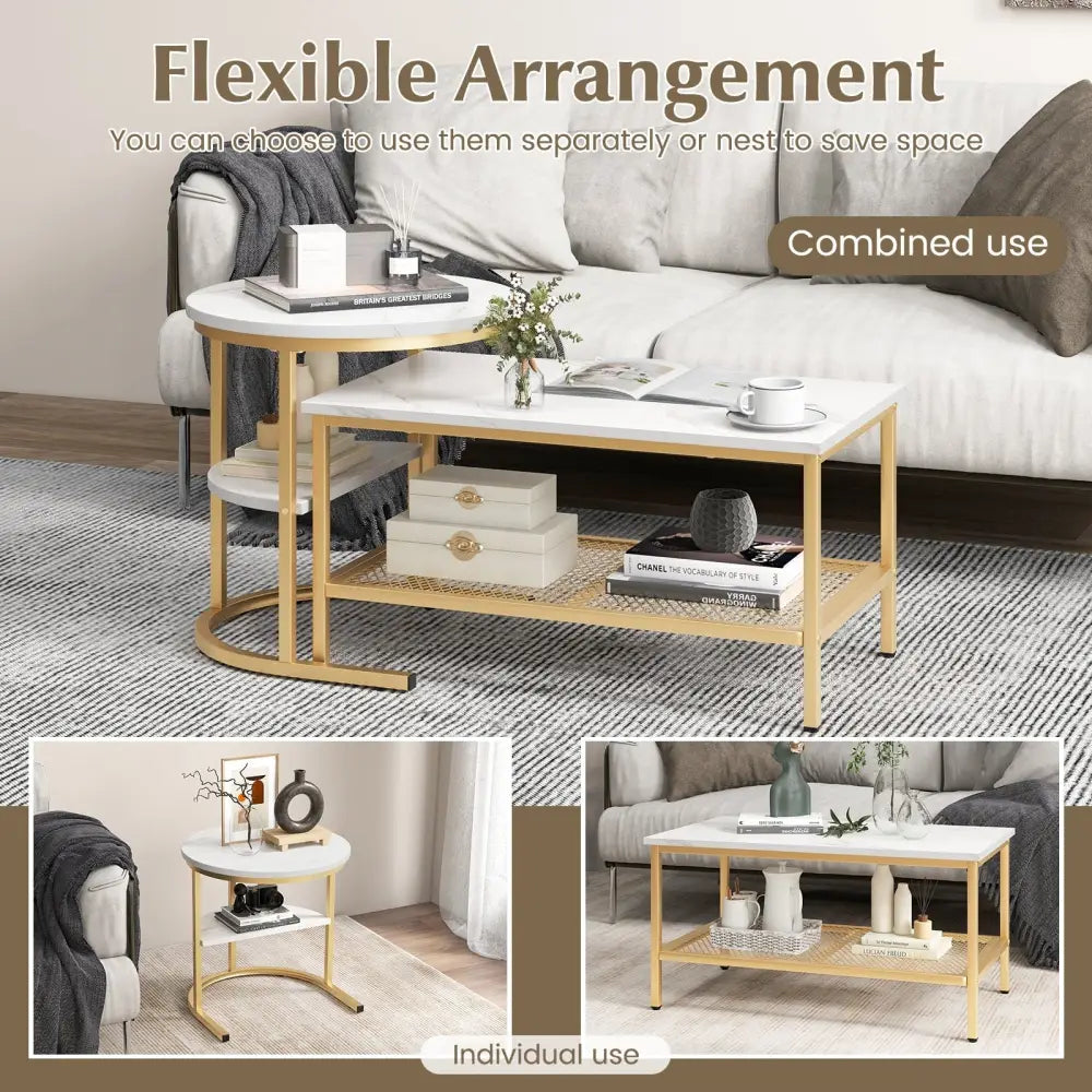 Set of 2 Nesting Coffee Table with Extra Storage Shelf for Living Room-Golden - Golden - Coffee Tables