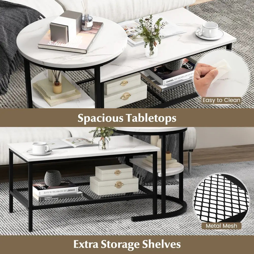 Set of 2 Nesting Coffee Table with Extra Storage Shelf for Living Room-Black - Black - Coffee Tables