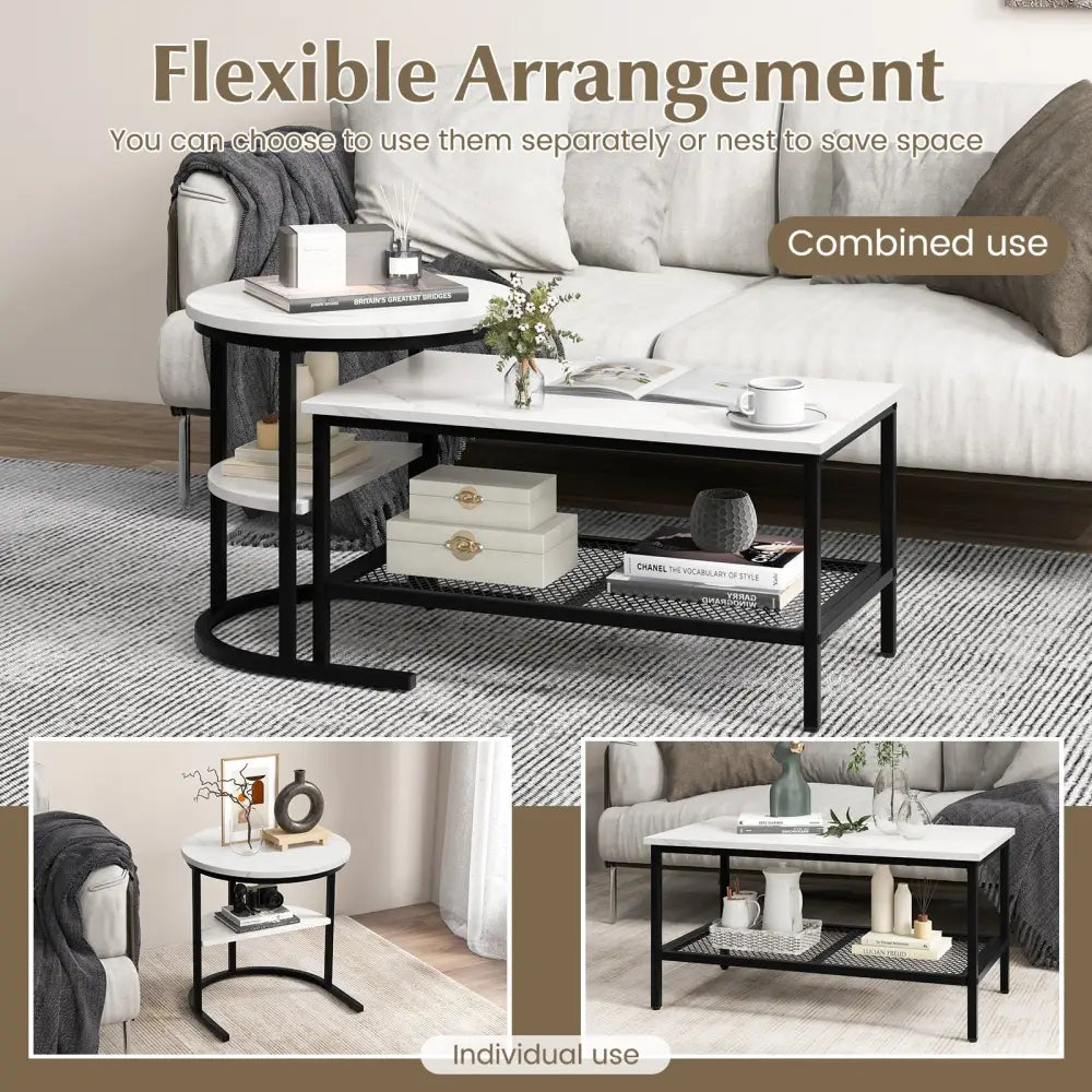 Set of 2 Nesting Coffee Table with Extra Storage Shelf for Living Room-Black - Black - Coffee Tables
