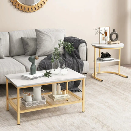 Set of 2 Nesting Coffee Table with Extra Storage Shelf for Living Room-Golden - Golden - Coffee Tables