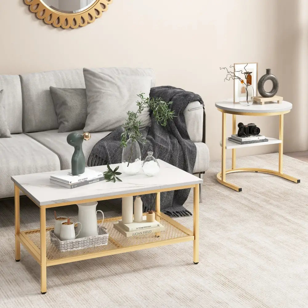 Set of 2 Nesting Coffee Table with Extra Storage Shelf for Living Room-Golden - Golden - Coffee Tables