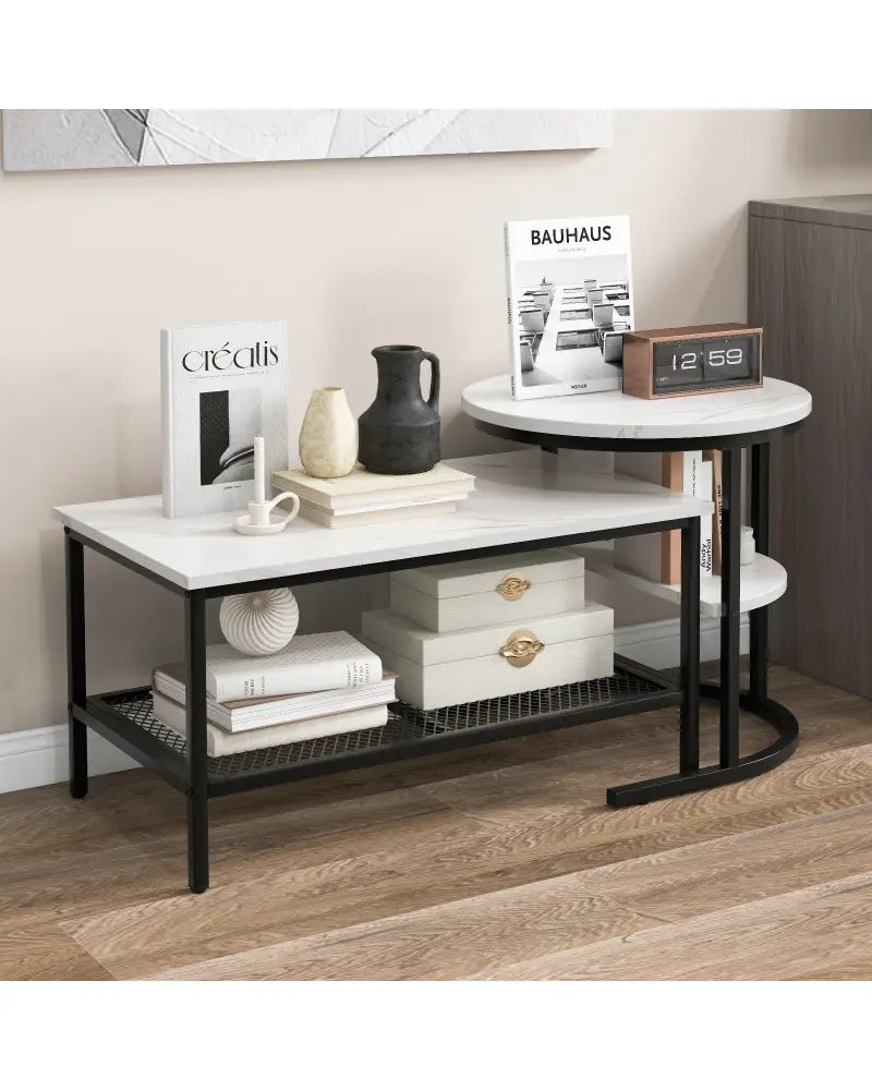 Set of 2 Nesting Coffee Table with Extra Storage Shelf for Living Room-Black - Black - Coffee Tables