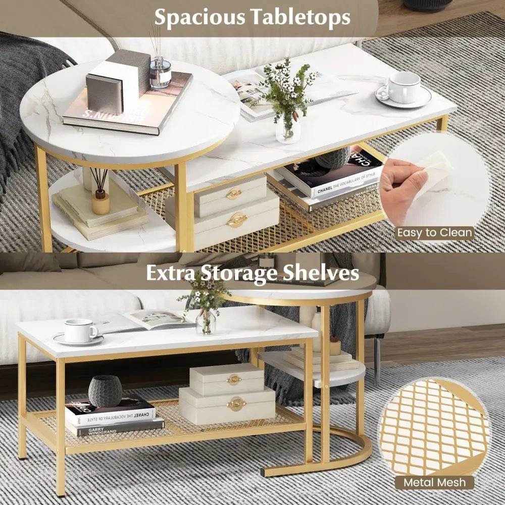 Set of 2 Nesting Coffee Table with Extra Storage Shelf for Living Room-Golden - Golden - Coffee Tables