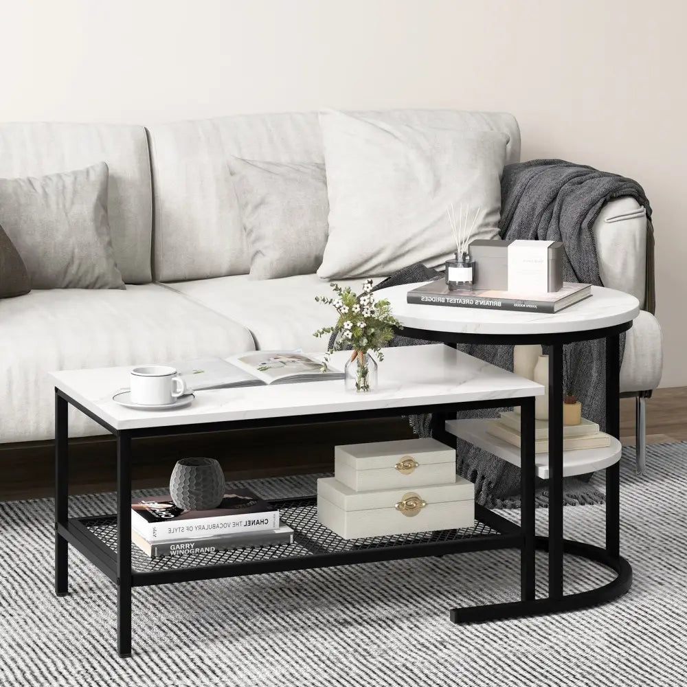Set of 2 Nesting Coffee Table with Extra Storage Shelf for Living Room-Black - Black - Coffee Tables
