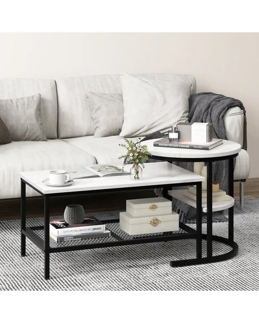Set of 2 Nesting Coffee Table with Extra Storage Shelf for Living Room-Black - Black - Coffee Tables